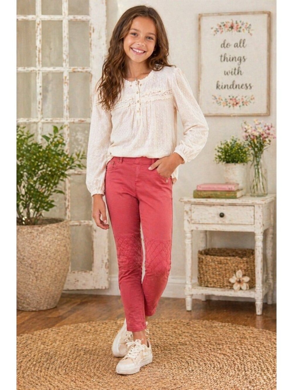 Matilda Jane 435 girls Pants Sz 14 Pink Stretch Knit Quilted Knee EUC